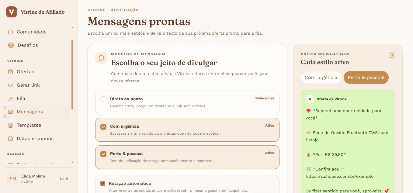 Tela real da Vitrine: Mensagens