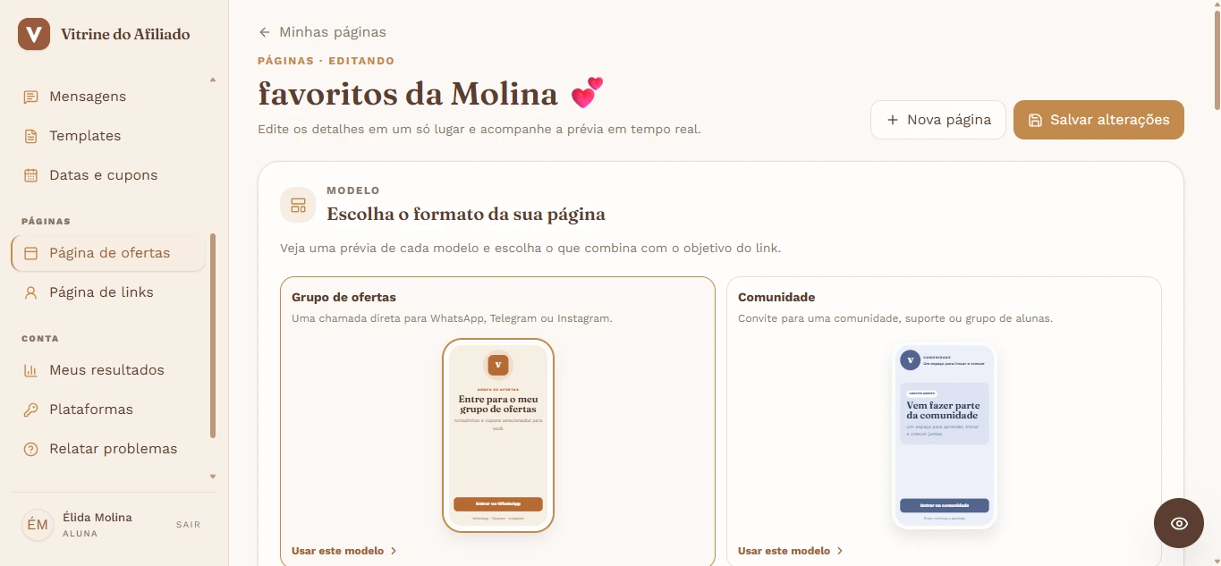 Tela real da Vitrine: Página de ofertas