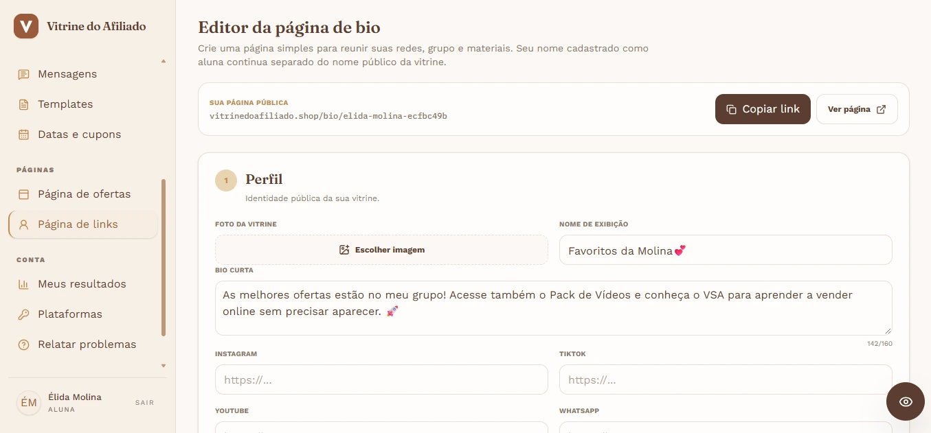 Tela real da Vitrine: Página de links