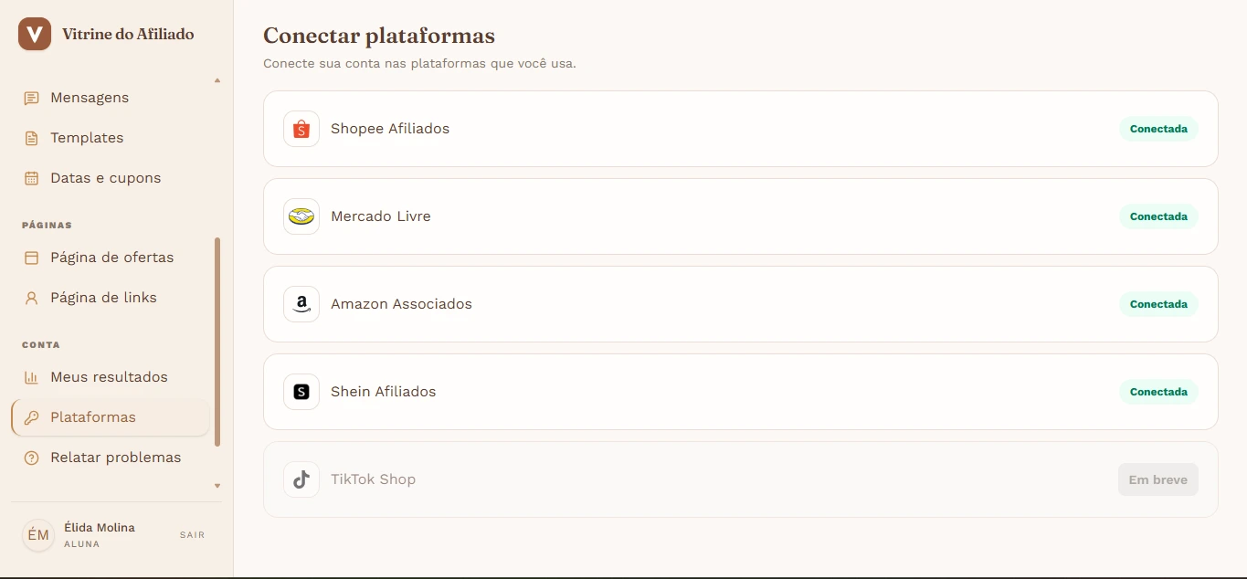 Tela real da Vitrine: Plataformas